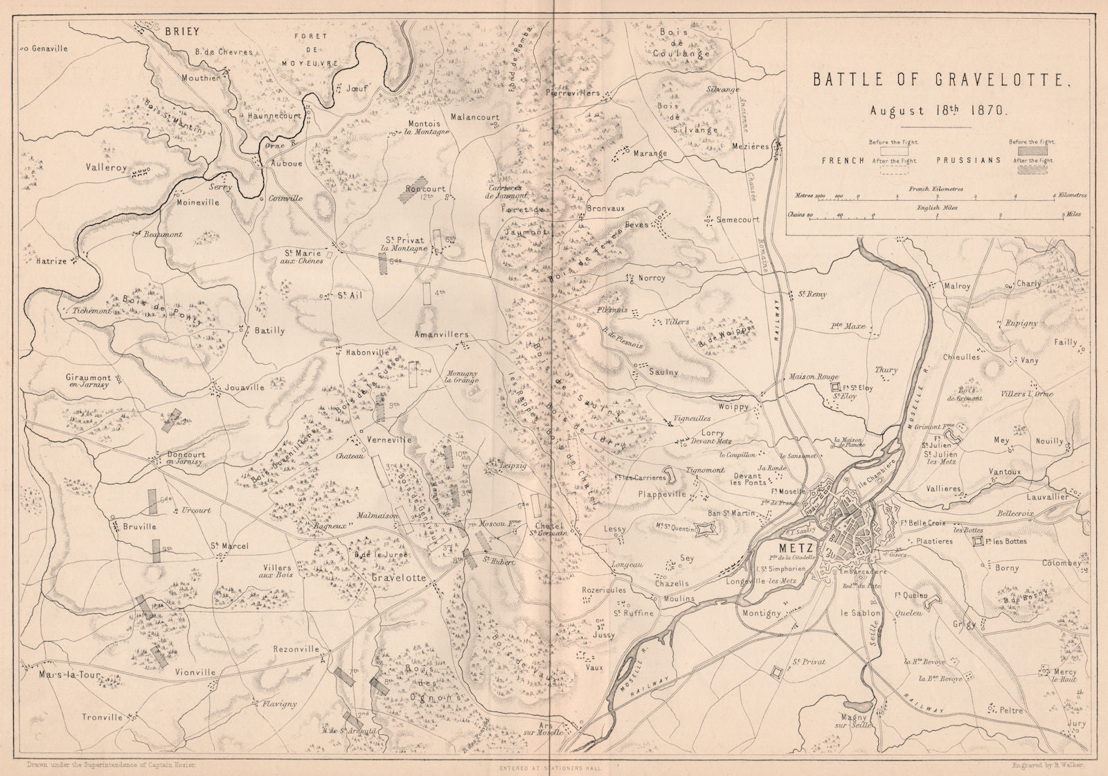 FRANCO-PRUSSIAN WAR. Battle of Gravelotte August 18 1870. Metz. Moselle 1875 map